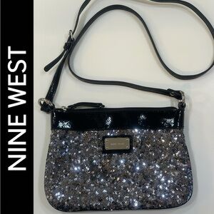 NINE WEST Silver Sequin Crossbody Bag Backside is black patent leather. 9” x 6”